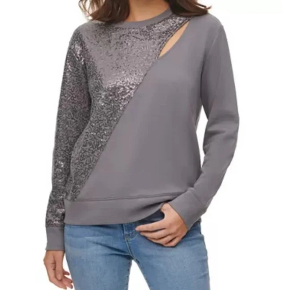 DKNY designer sequin embellished keyhole sweatshirt top - Picture 1 of 6